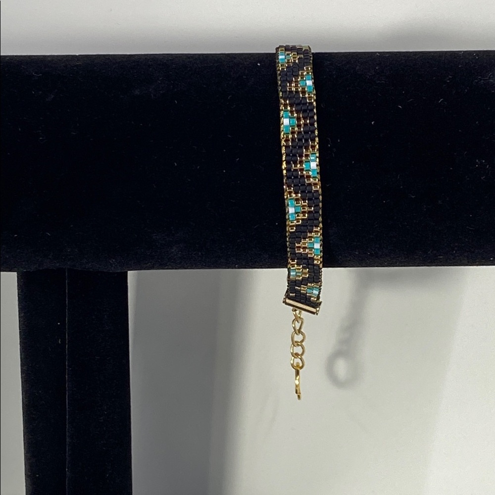 Cute Handcrafted Loom-Beaded Bracelet  with Turquoise ,Black and Gold Beads - Picture 4 of 12